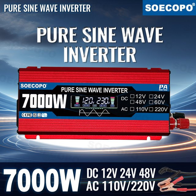 Soecopo Sinuswellen-Wechselrichter 7000 W, 12V/24V/48V/60V auf 110V/220V AC, Solarladegerät für Wohnmobil und netzunabhängige Nutzung, Farbe: Rot - Bild 1