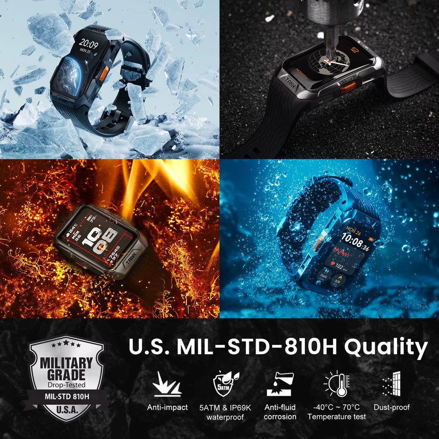 KOSPET TANK X2 Smartwatch für Herren mit 1,64 Zoll AMOLED Display, IP69K wasserdicht, Bluetooth-Anrufe und 170 Sportmodi in Schwarz oder Silber - Bild 2