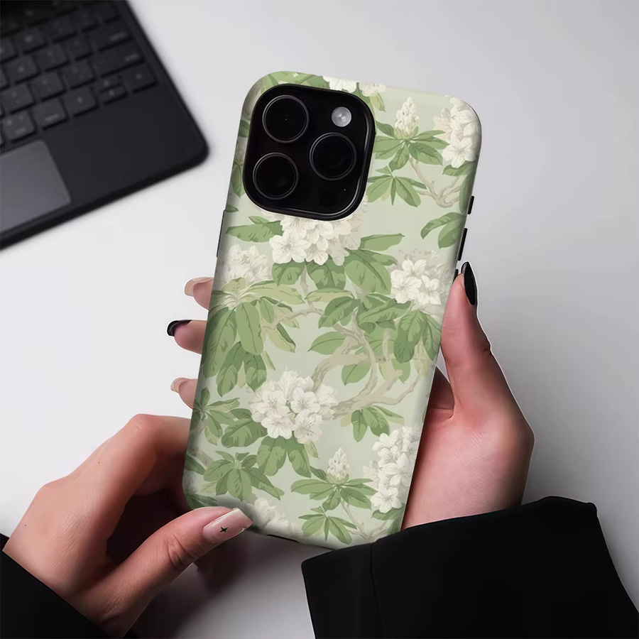 Potdemiel Magnetische Handyhülle mit Blumenmuster für iPhone 17 16 15 14 13 Pro Max Plus, Grün-Weiß, Robuste Doppelschicht-Hülle - Bild 2