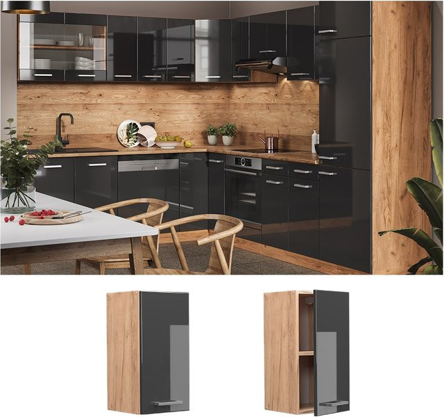 Vicco Hängeschrank R-Line Küchenschrank Anthrazit Goldkraft Hochglanz B: 30 cm, H: 60 cm, T: 31 cm - Bild 1