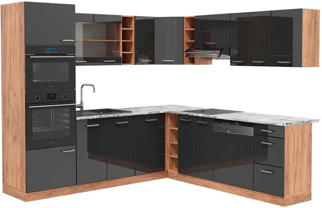 Vicco R-Line Eckküche in Anthrazit Hochglanz und Goldkraft Eiche mit Marmor-Optik, B/T/H: 237 x 247 x 81,6 cm - Bild 1