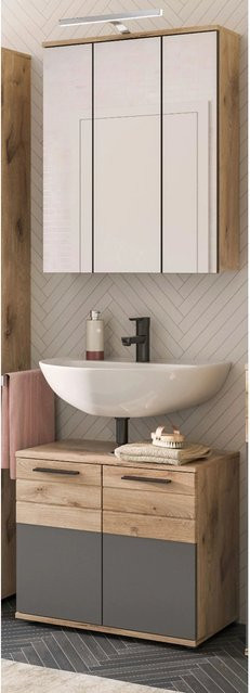 Inn.Furn Badmöbel-Set Eiche Grau 2-teilig mit Waschtischunterschrank und Spiegelschrank, Soft-Close, Breite: 60 cm - Bild 1
