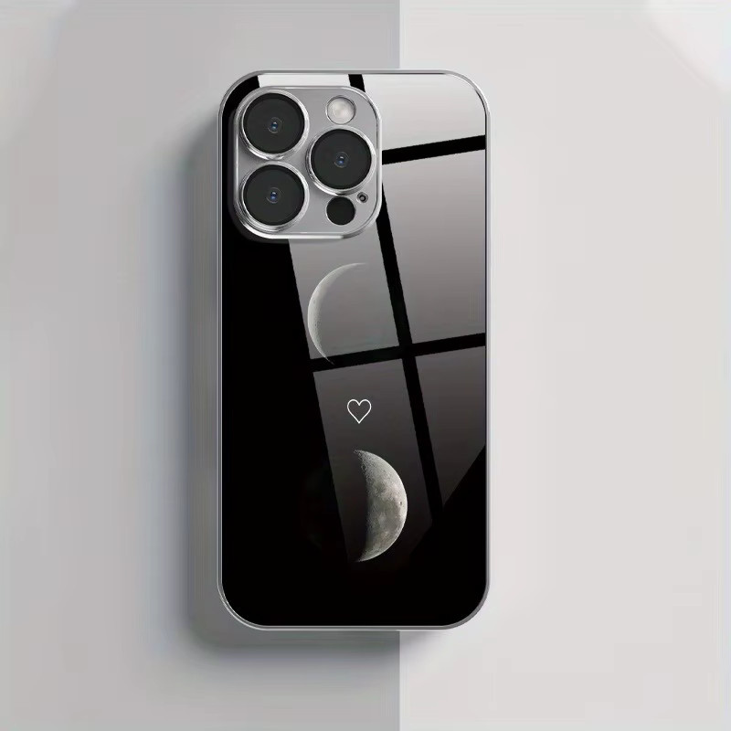 Handyhülle mit Mondliebe-Muster aus gehärtetem Glas und galvanisiertem Design für Apple iPhone 11 12 13 14 15 16 17 Pro Max Plus 16E 17 Air in Schwarz - Bild 3