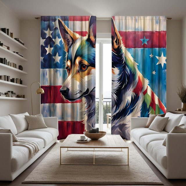 2er-Set dekorative Vorhänge mit Wolf- und US-Flaggen-Motiv, digitaler Druck, Schwarz/Mehrfarbig, B: 132 cm, H: 160 cm - Bild 1