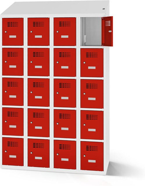 rotstahl Fächerschrank mit Ladefunktion und 20 Fächern, Farbe Rot, Korpus Lichtgrau, B: 120 cm, H: 200 cm - Bild 1