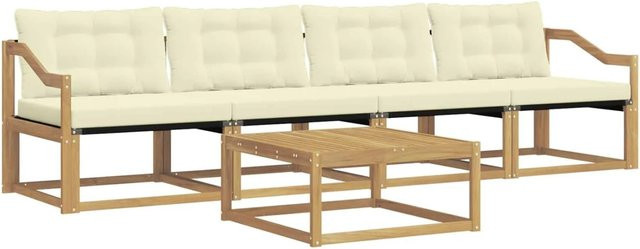 vidaXL Outdoor-Sofagarnitur aus Akazienholz mit Textilene-Bezug und Polstern in Weiß und Beige, bestehend aus 3-Sitzer-Sofa, Couchtisch und Ottoman, B/T/H: 79 x 79 x 37 cm - Bild 1