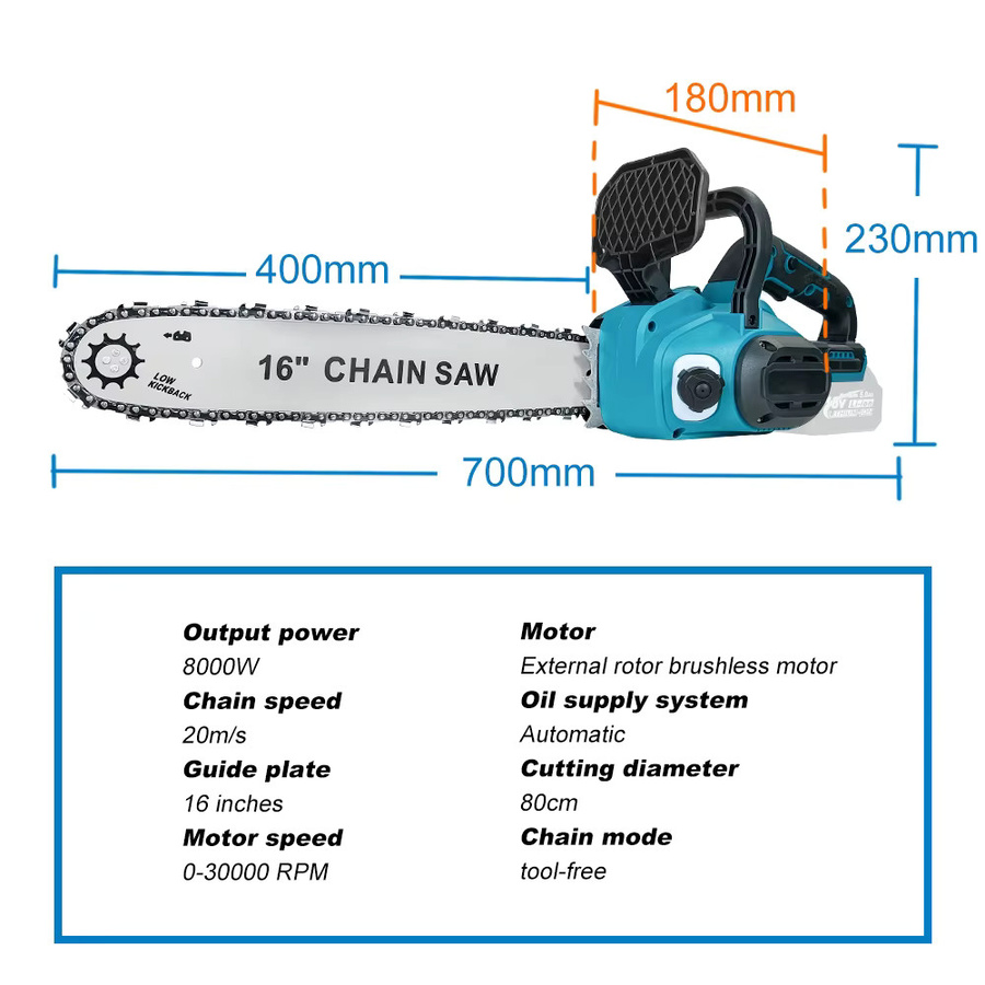 Kamolee Bürstenlose elektrische Kettensäge 16 Zoll mit automatischer Ölung in Blau, kompatibel mit Makita 18 V Akku - Bild 2