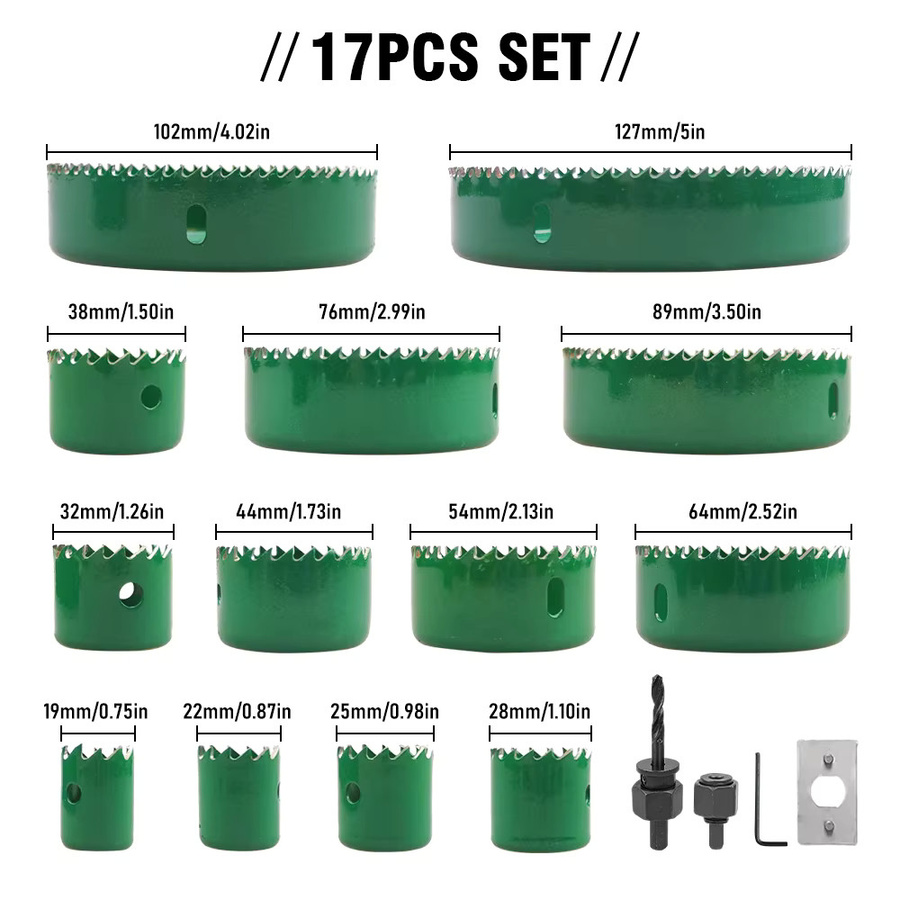 SHENSEN Bi-Metall Holzlochsägen-Set in Grün, 19-127mm Lochsägebohrer für Holz, Gipskarton, PVC und MDF - Bild 2