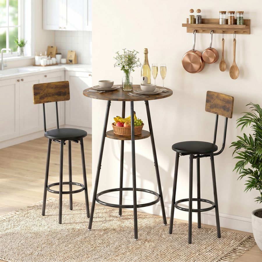 HOMCOM Bartisch Set im Industrial Design mit 2 gepolsterten Stühlen und Ablage, Rustikal-Braun/Schwarz - Bild 2
