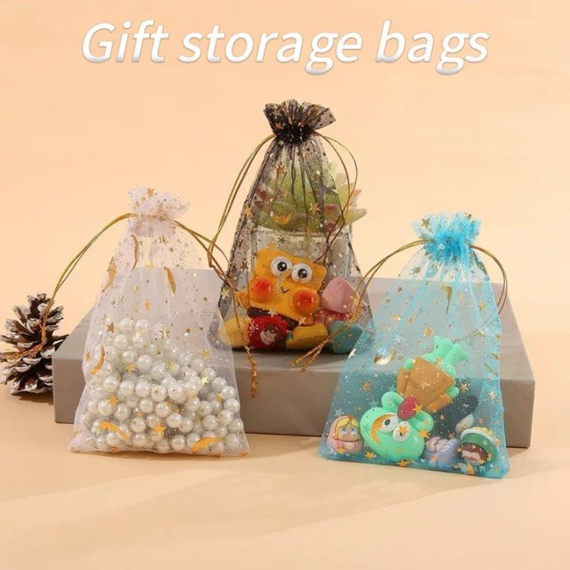 Organza Beutel mit Kordelzug in gemischten Farben mit Mond- und Sternenmuster für Geschenke, Weihnachten oder Hochzeiten - Bild 1