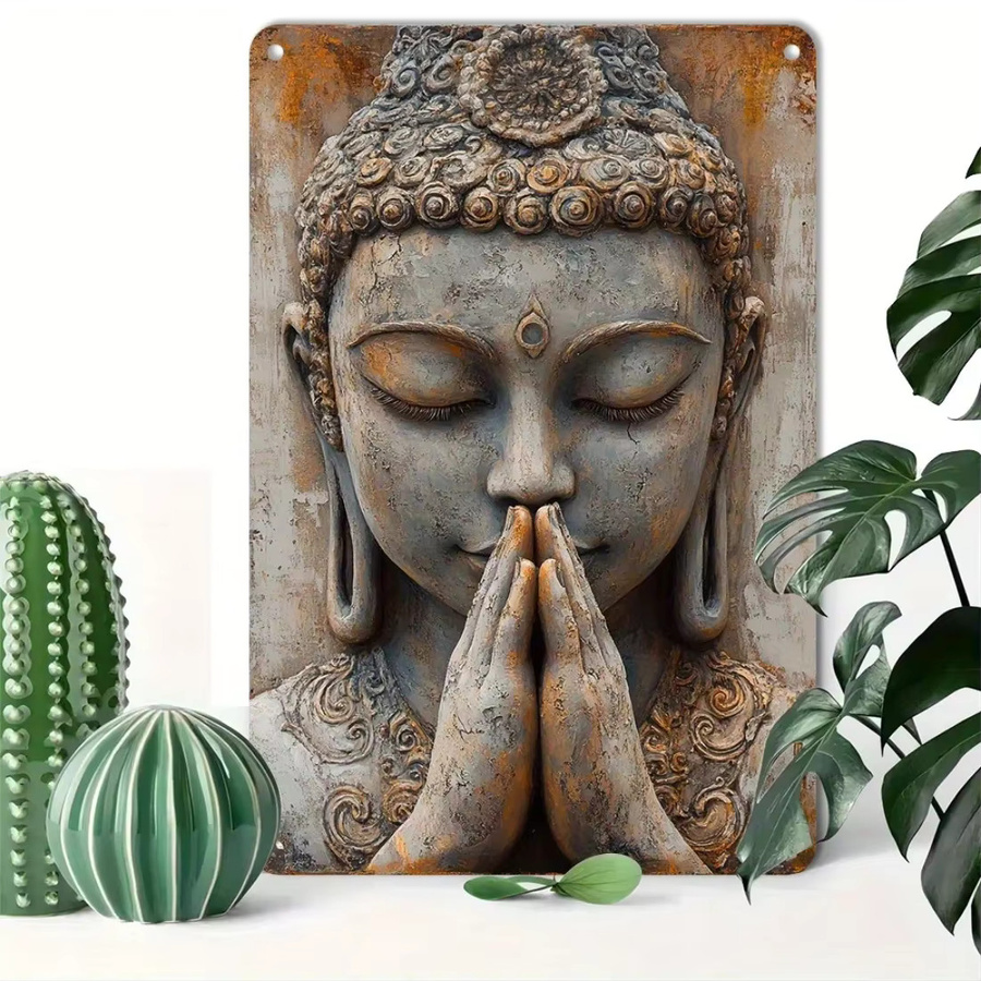 HELLOYOUNG Vintage Buddha Blechschild aus Aluminium in Gold, Rechteckiges Metalldekor für Haus und Garten, B: 30,0 cm, H: 20,0 cm - Bild 4