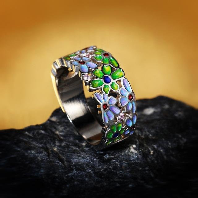 Wucifang Jewelry Ring, Cloisonné Blume, 925 Silber, Zirkonia, Damen - Bild 1