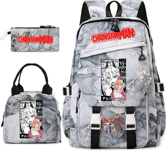 Bandai Kettensägenmann Anime Rucksack Set für Mädchen in Grau mit Brotdose und Federmäppchen - Bild 1