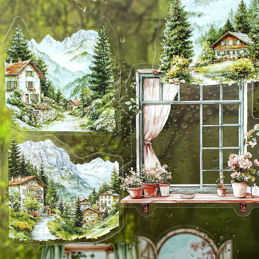Etori Life Mountain Window Foggy Landscape Vintage Muster Haustieraufkleber, Basteldekoration - Bild 5