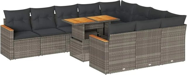 vidaXL 11-tlg Garten-Sofagarnitur in L-Form aus Polyrattan und Akazienholz mit Kissen in Grau - Bild 1