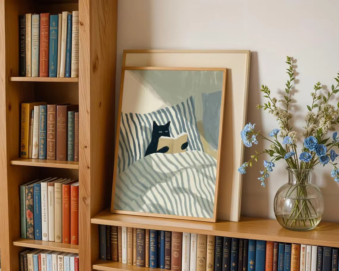SHENCHEN Wandkunst Katzen-Lese-Print mit schwarzer Katze, Illustration als Papierposter in Schwarz und Mehrfarbig - Bild 4