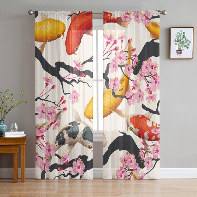 Transparente Tüll-Voile-Vorhänge im japanischen Stil mit Karpfen und Kirschblüten Motiv, Farbe Weiß, Breite: 135 cm, Höhe: 115 cm - Bild 1