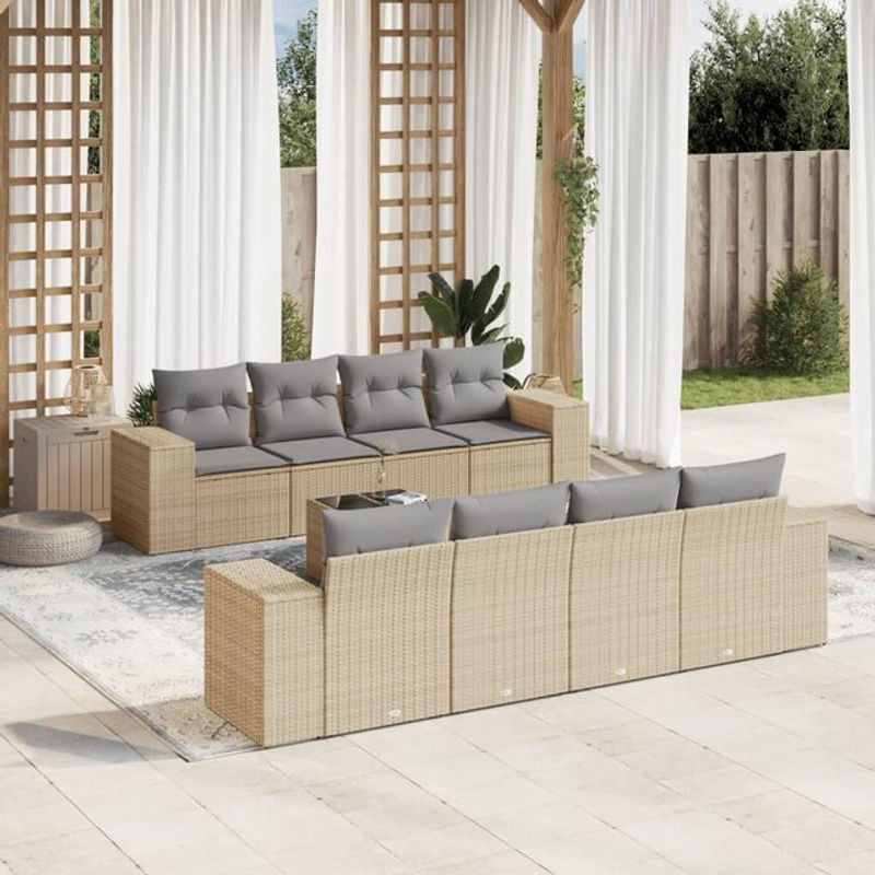 Vidaxl 9-teiliges Gartenmöbel-Set aus Polyrattan mit Kissen und Glastisch in Beige - Bild 1
