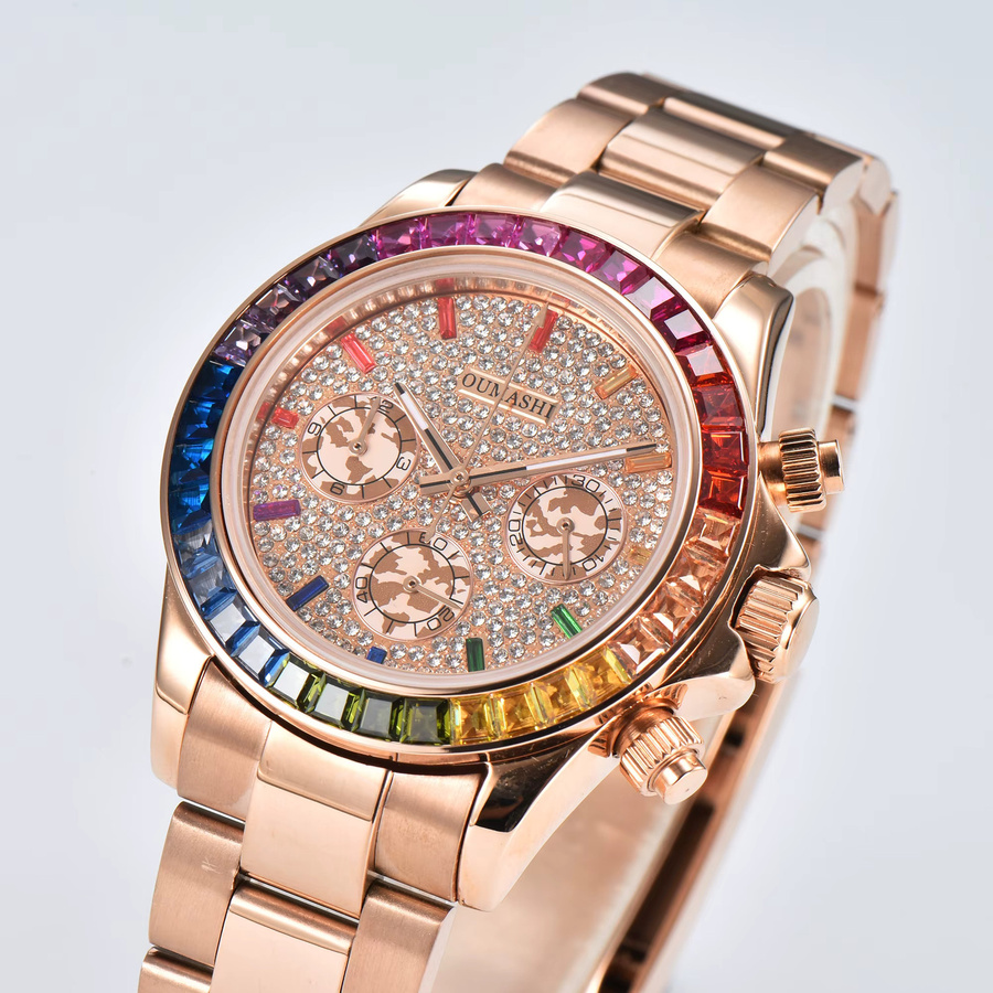 Oumashi Armbanduhr Edelstahl, Quarz, Regenbogen-Lünette, Diamant, 39,5 mm, Herren - Bild 2