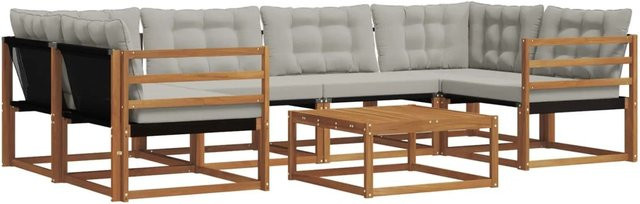 vidaXL Outdoor-Sofagarnitur 7-teilig aus Akazienholz mit Textilene und Kissen in Natur und Hellgrau - Bild 1