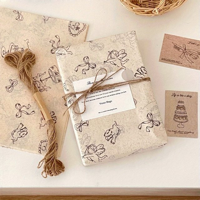 10 Blatt Vintage-Geschenkpapier in Beige mit Fantasy-Motiv und Holz-Design für Hochzeiten, Partys und Bastelarbeiten - Bild 1