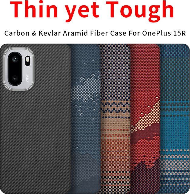 OnePlus 15R und OnePlus Ace 6 Carbon-Hülle aus 600D Kevlar Aramid Kohlefaser-Gewebe, magnetisch, dünn und leicht, Schwarz/Rot - Bild 1