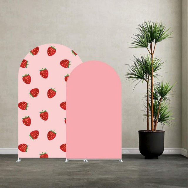 VIKAMA Bogenförmiger Party-Hintergrund mit Erdbeer- und Blumenmotiv in Pink als Wanddekoration für Geburtstage und Fotografie-Requisiten, B/H: 120 x 50 cm - Bild 1