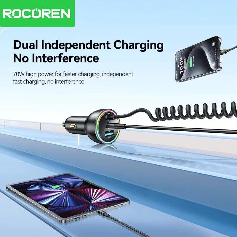 Rocoren 70W Auto-Ladegerät USB Typ C mit Spiralkabel, Schnelle Ladestation Typ-C Schnelladapter in Schwarz - Bild 5