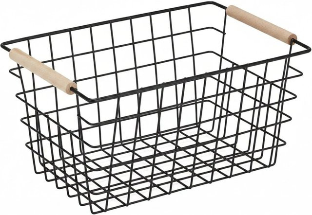 Relaxdays Drahtkorb aus Metall und Buchenholz in Schwarz mit Holzgriffen B/H/T: 31 x 16 x 21 cm - Bild 1