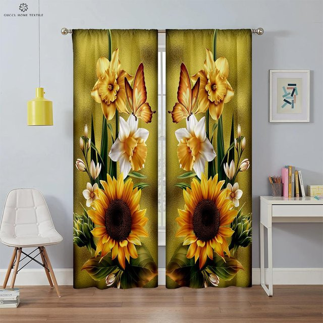 2er-Set florale Sonnenblumen-Vorhänge in Gelb, halbtransparent mit Ösen, Breite: 70 cm, Höhe: 100 cm - Bild 1