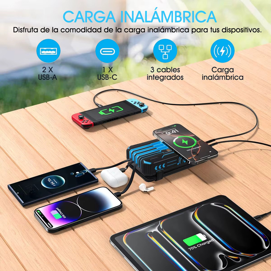 BIUBLE Solar Power Bank mit 36800 mAh und kabellosem Laden, PD 18W Schnellladegerät in Schwarz - Bild 3