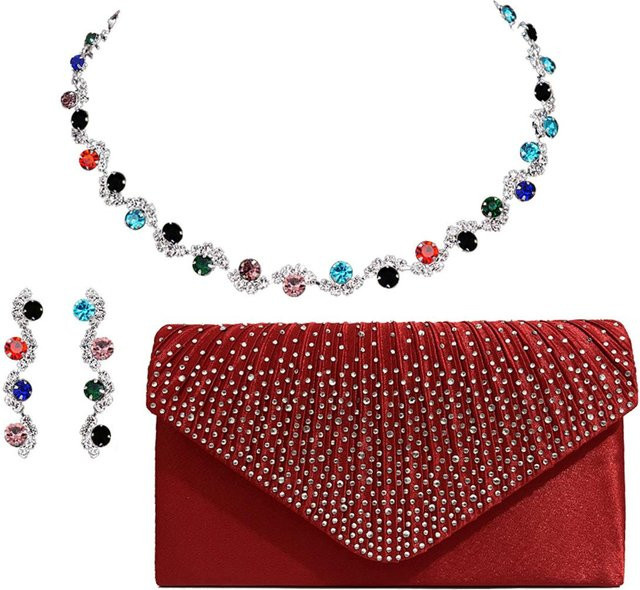 Schmuck-Set Halskette, Ohrringe, Messing, rot, Zirkonia, Damen - Bild 1
