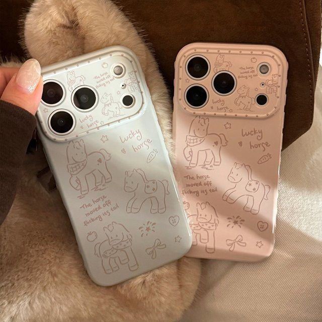Potdemiel Handyhülle mit Koreanischem Cartoon Pony Graffiti Design für iPhone 12 bis iPhone 17 Pro Max, Stoßfestes Softcover, Mehrfarbig - Bild 1
