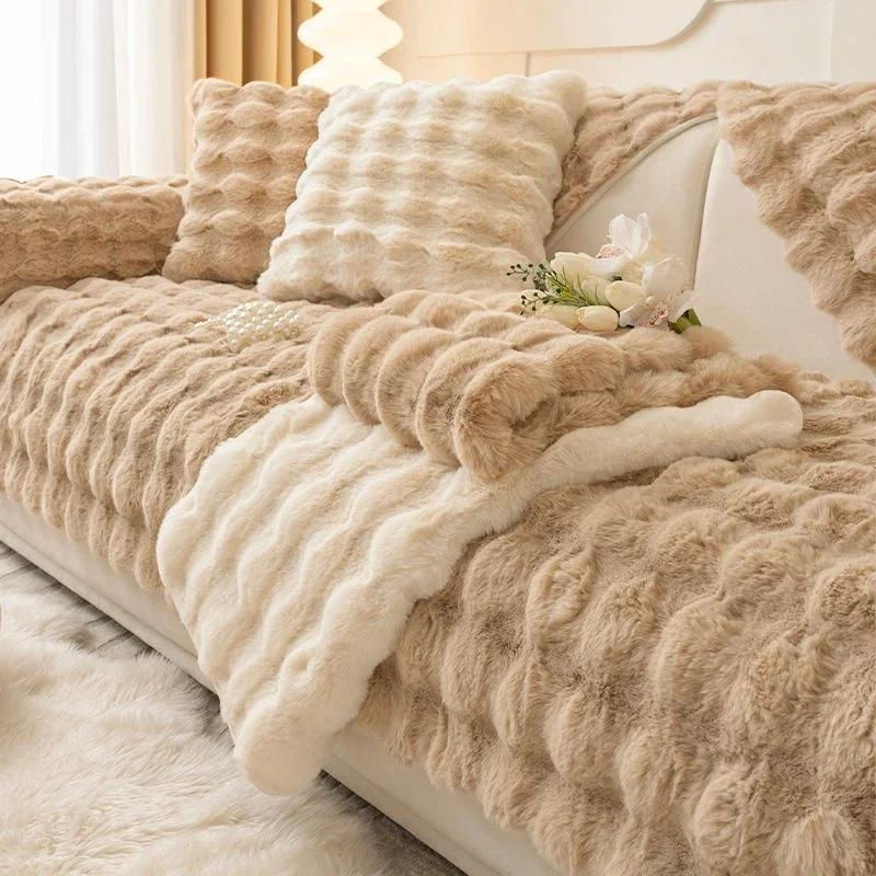 Weicher Kaninchen Plüsch Sofabezug in Beige mit Wellenstreifen, rutschfeste Couch Matte für das Wohnzimmer, B/B: 70 x 70 cm - Bild 2