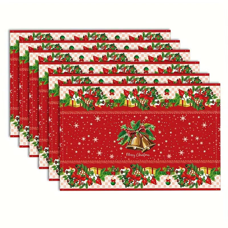 VIKAMA Weihnachts-Tischsets mit Glocken- und Sternenmotiv in Rot und Gold aus Leinen - Bild 3