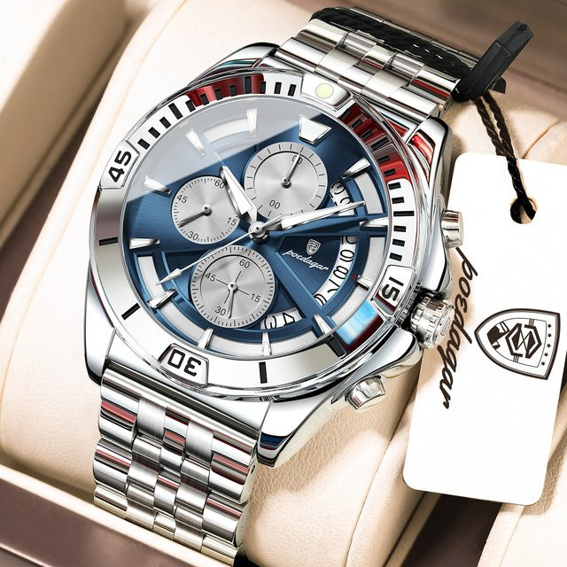 POEDAGAR Chronograph Herrenuhr, Quarz, Edelstahl, Blau, Silber - Bild 1