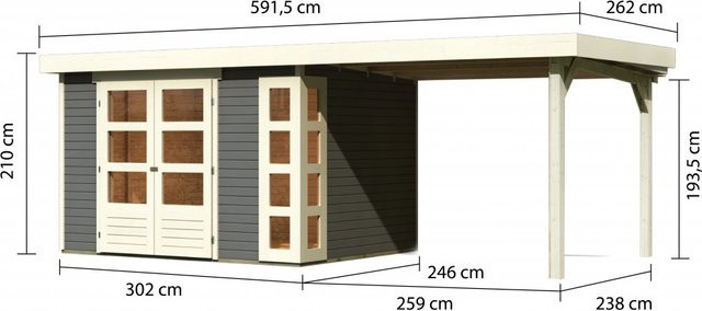 Gartenhaus KARIBU KERKO 5 aus nordischer Fichte mit Anbaudach und Flachdach, Farbe: Grau, B/T/H: 302 x 246 x 210 cm - Bild 1
