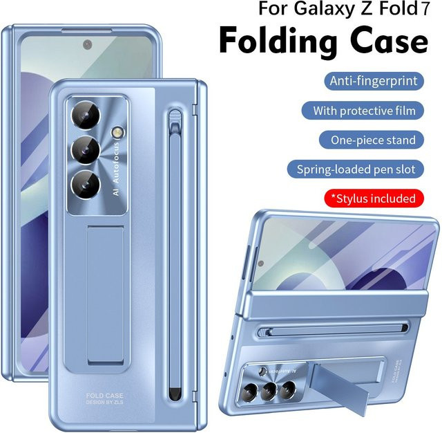 Samsung Galaxy Z Fold 7 6 5 4 360 Grad Vollschutz-Handyhülle mit Panzerglasfolie und Touchpen-Halterung in Blau - Bild 1