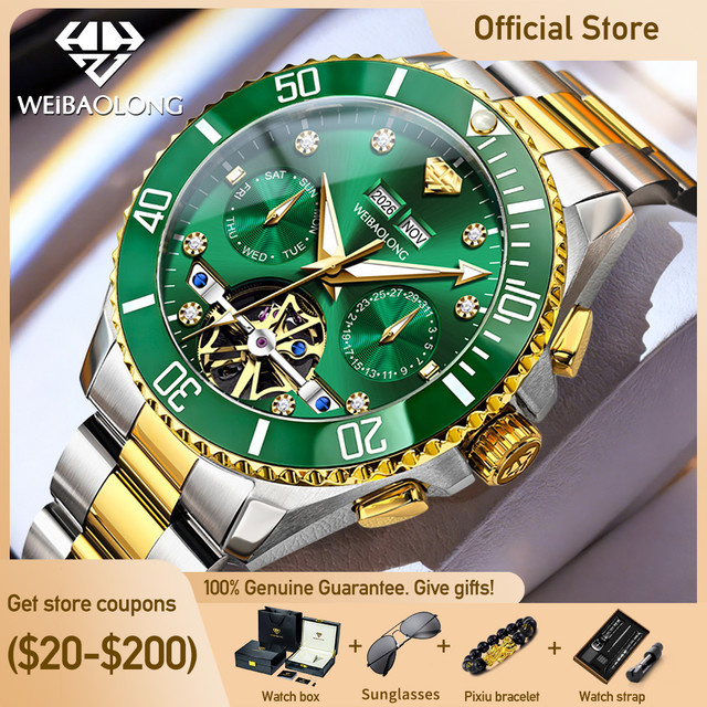 WEiBAOLONG Chronograph, Mechanische Uhr, Edelstahl, Diamant, Herren - Bild 1