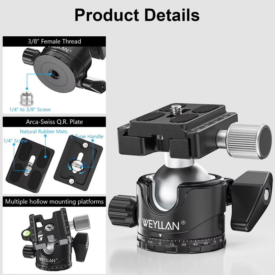 WEYLLAN EH36S Panorama Universal Kugelkopf mit U-Nut Low Profile Stativhalterung für DSLR Kamera Camcorder und Einbeinstativ in Schwarz - Bild 5