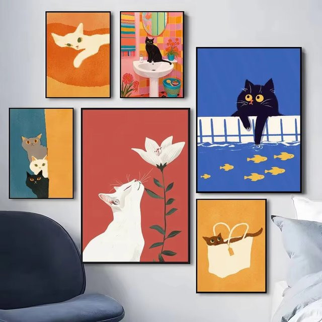Potdemiel Leinwand-Poster mit buntem Katzenmotiv als moderne Wandkunst für deine Raumdekoration - Bild 1