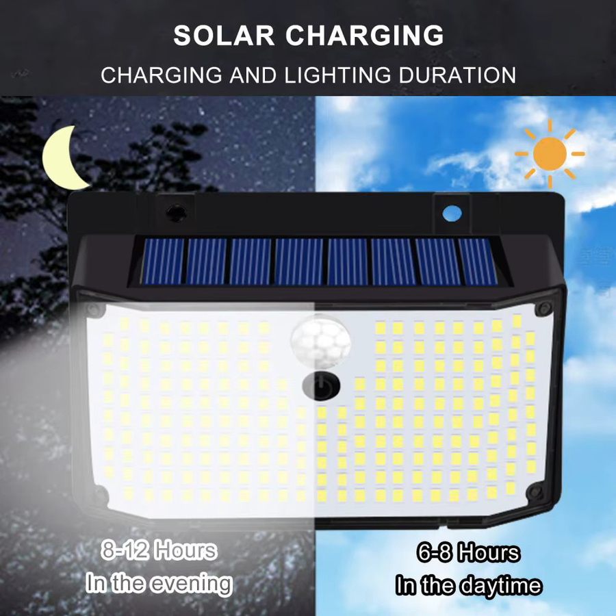 Solarbetriebene LED-Flutlichter mit 176 LEDs und Bewegungsmelder, wasserdichte Sicherheitswandleuchten für Garten und Außenbereich, weiß - Bild 2