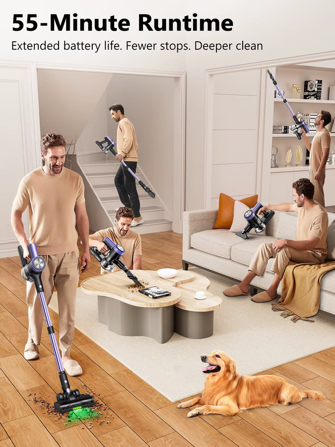 SUXIANGVAC Kabelloser Standstaubsauger in Schwarz mit 500W Leistung, 55KPA Saugkraft, 60 Minuten Akkulaufzeit, Smart-LED-Display und Beutellose Technologie für Teppiche und Tierhaare - Bild 3