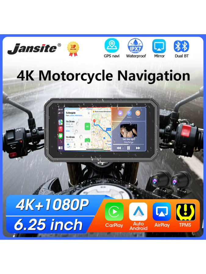 Jansite Motorrad CarPlay Dash Cam mit 6,25 Zoll Display, 4K UHD Dual Objektiv, GPS Navigation und IPX7 Wasserdichtigkeit in Schwarz - Bild 6