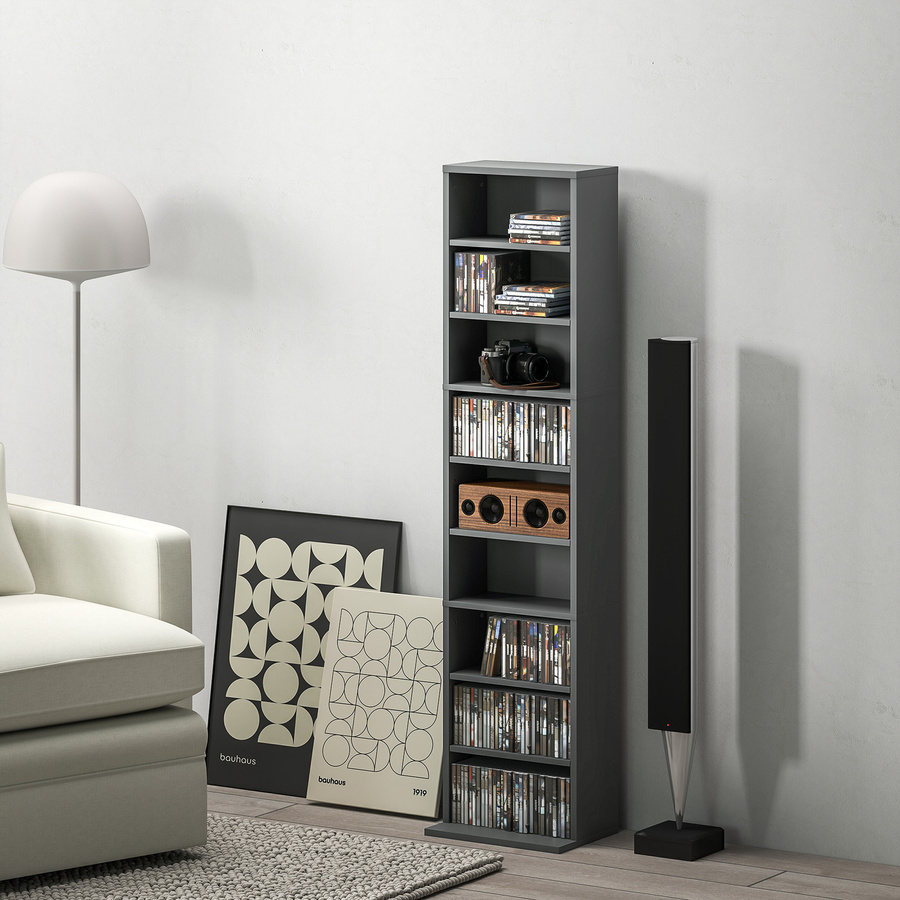 HOMCOM Multimedia-Regal zur CD- und DVD-Aufbewahrung in Grau mit 9 Fächern und 6 verstellbaren Einlegeböden, B/T/H: 33 x 24 x 140 cm - Bild 2