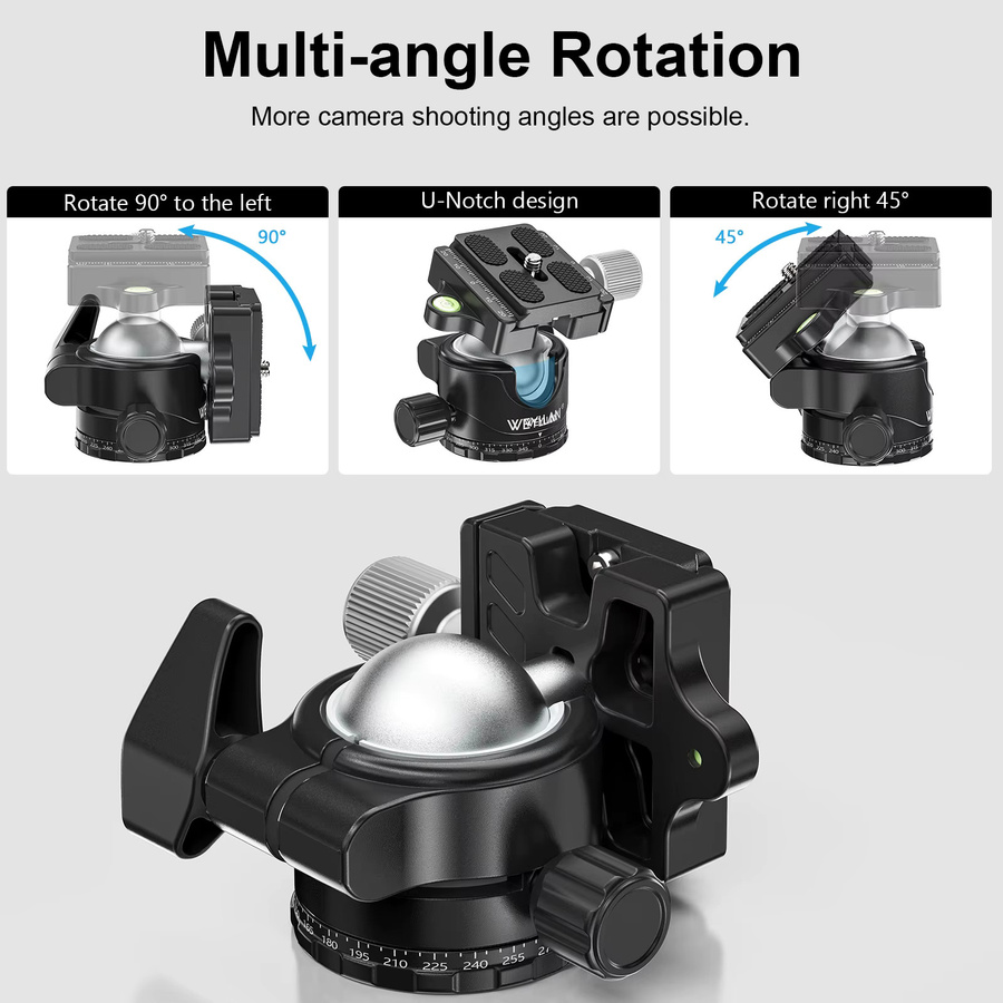 WEYLLAN EH36S Panorama Universal Kugelkopf mit U-Nut Low Profile Stativhalterung für DSLR Kamera Camcorder und Einbeinstativ in Schwarz - Bild 4