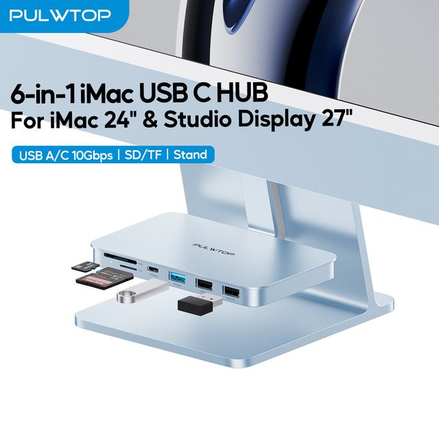 PULWTOP iMac USB-Hub in Blau mit USB-C 10Gbps, USB-A 2.0 und SD/TF-Kartenleser für iMac 24-Zoll und Studio Display 27-Zoll - Bild 1