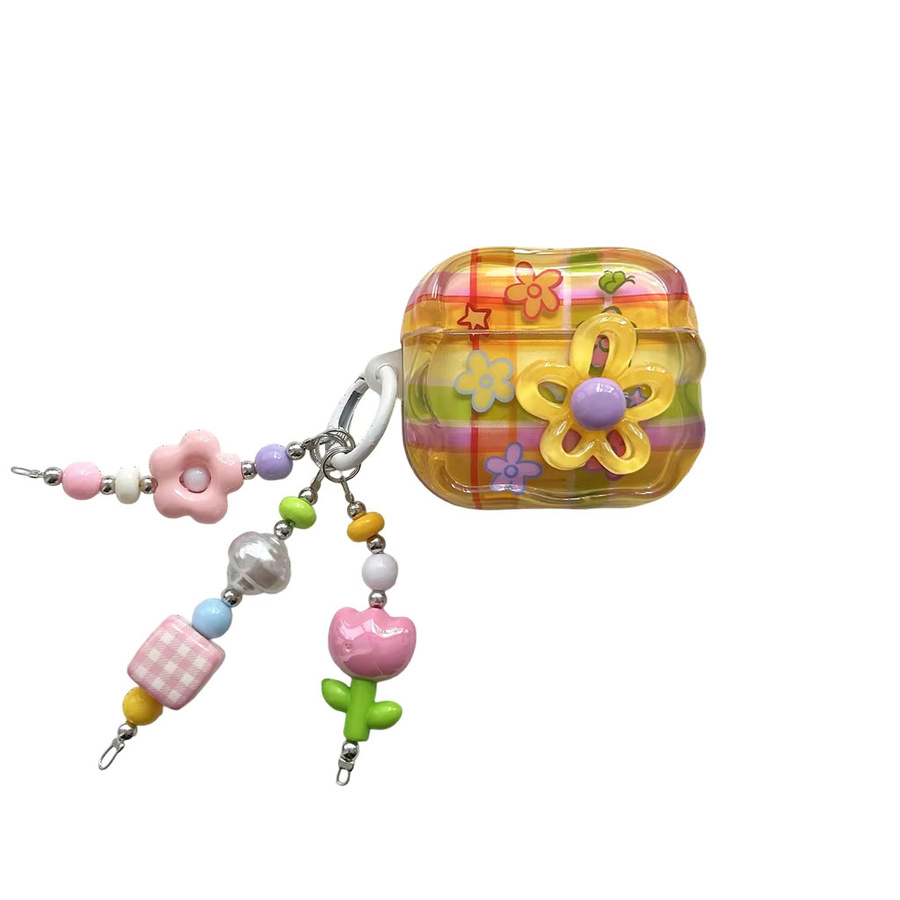 Bunte 3D-Blumen und Schmetterling Schutzhülle für Apple AirPods 2 3 4 Pro Pro 2 in Gelb mit Gittermuster - Bild 3