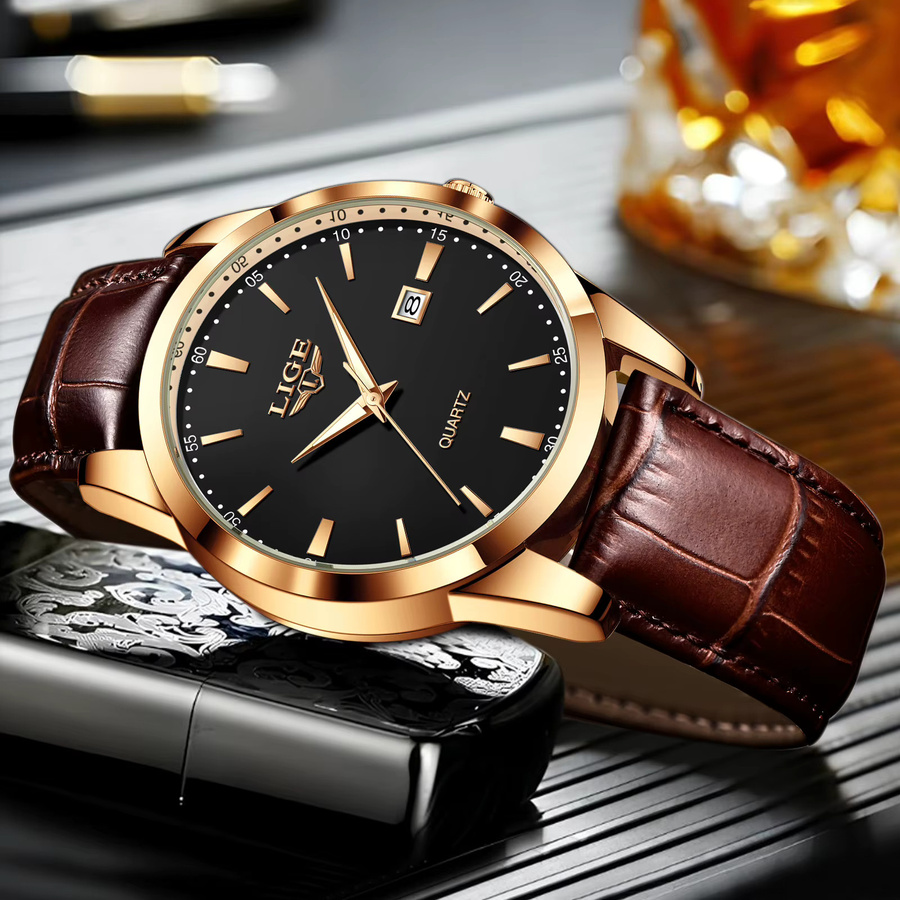 LIGE Armbanduhr Quarz, Leder, Schwarz, Gold, Herren - Bild 2