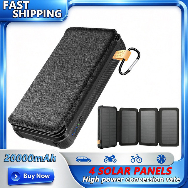 BIUBLE Solar Powerbank 20000 mAh mit 4 faltbaren Solarmodulen, wasserdicht und tragbar für Outdoor-Camping, Schwarz - Bild 1